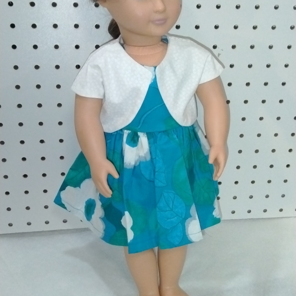 Bright Blue Floral SS Dress w/White  Bolero Hand Crafted for 18" Dolls